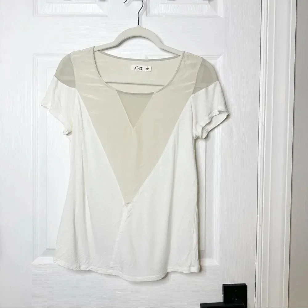 AIKO Silk Blend White Nude Semi-Sheer‎ Short Sleeve Tee Small